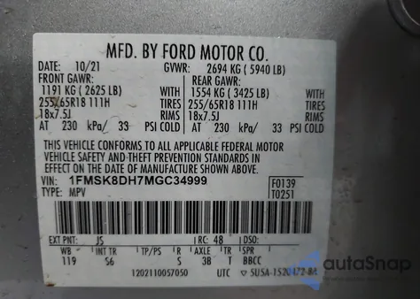2021 Ford Explorer Xlt from USA, damaged, VIN 1FMSK8DH7MGC34999